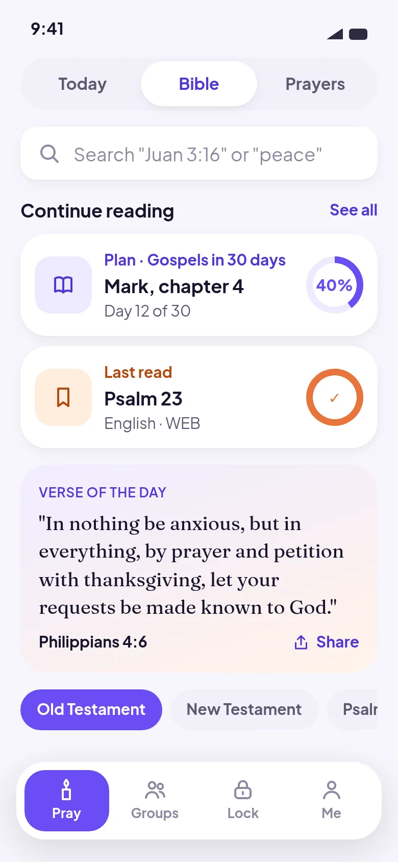 Bible home screen with continue reading and verse of the day