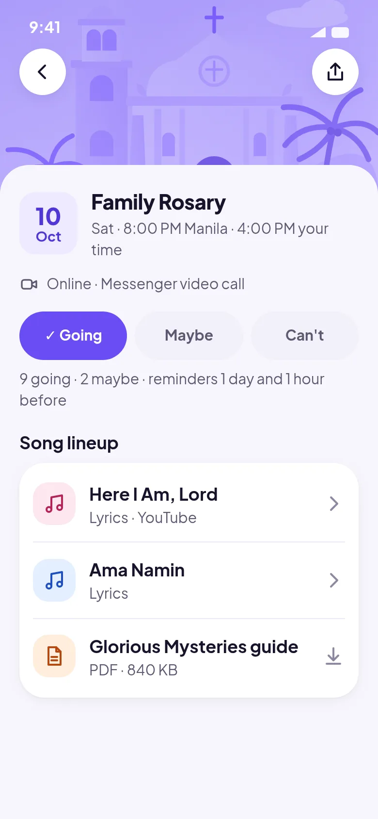 Event screen with RSVP buttons and song lineup
