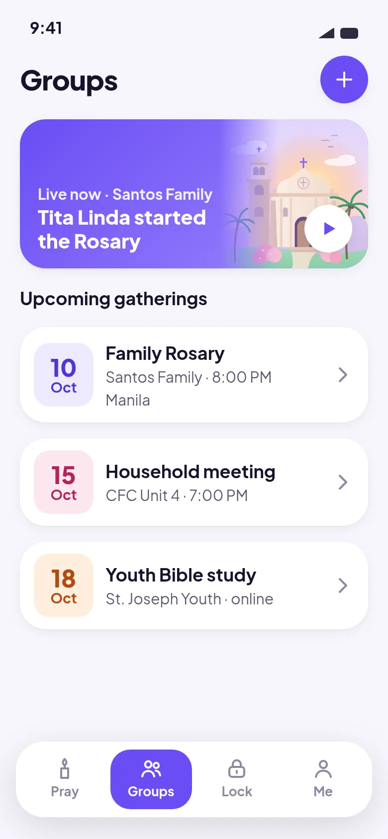 Groups screen with a live Rosary and upcoming gatherings